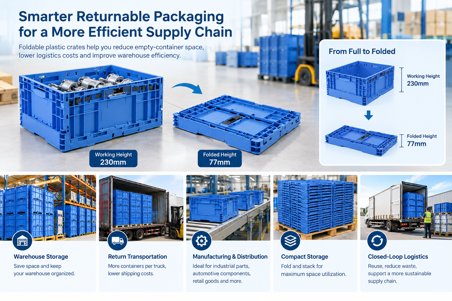 최신 회사 블로그 How Foldable Plastic Crates Reduce Empty-Container Space in Returnable Logistics
