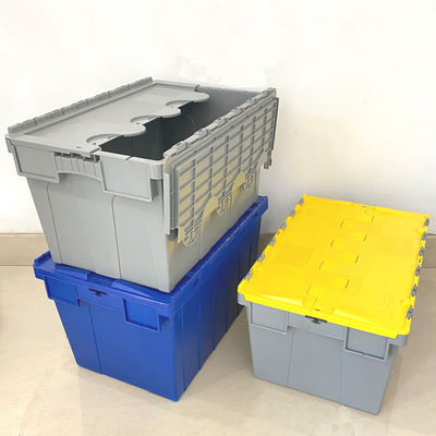주문 Plastic Crate With Lid Heavy Duty Cheap Plastic Moving Boxes Storage Stackable Attached Lid Container 온라인 제조